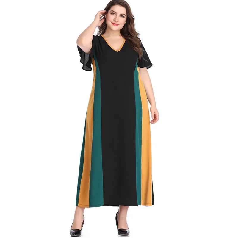 Vestido летнее платье женщина XL-5XL большой Размеры платье V Neck контраст Цвет короткий рукав Femme плюс Размеры длинное платье HY88061