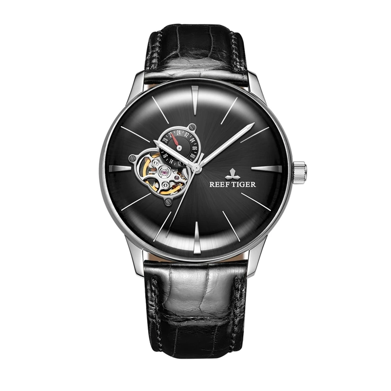 Новые Reef Tiger Роскошные автоматические мужские часы розовое золото Tourbillon водонепроницаемые часы с кожаным ремешком наручные часы relogio masculino - Цвет: RGA8239-YBB