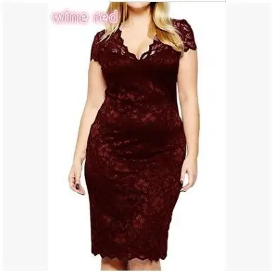 red wine Женское платье размера плюс 4XL с v-образным вырезом и коротким рукавом, цветочное сексуальное кружевное платье, модные облегающие платья, женское вечернее платье, женские платья - Цвет: red wine