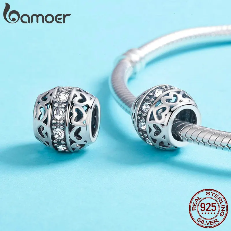 BAMOER, настоящее 925 пробы, серебряные штабелируемые бусины в форме сердца, прозрачные CZ бусины, подходят для браслетов, ожерелья, подарок на день Святого Валентина SCC523