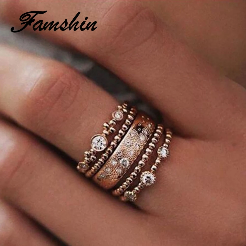 Женские кольца с кристаллами FAMSHIN элегантные в форме волны розовый золотистый