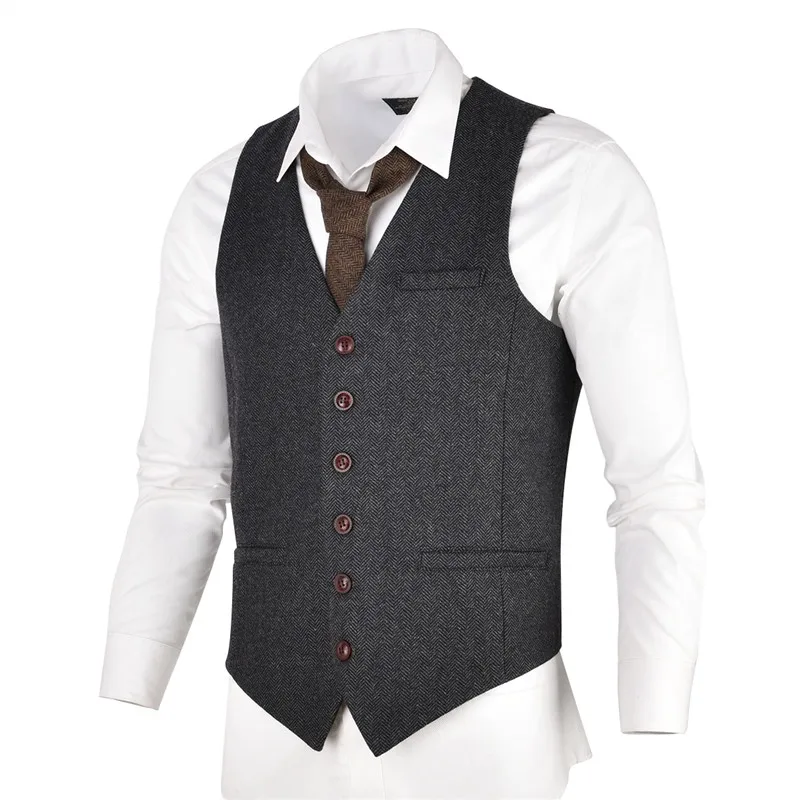 

Мужской твидовый однобортный жилет VOBOOM, приталенный пиджак в елочку, смеска шерсти, серого, черного цветов, 007