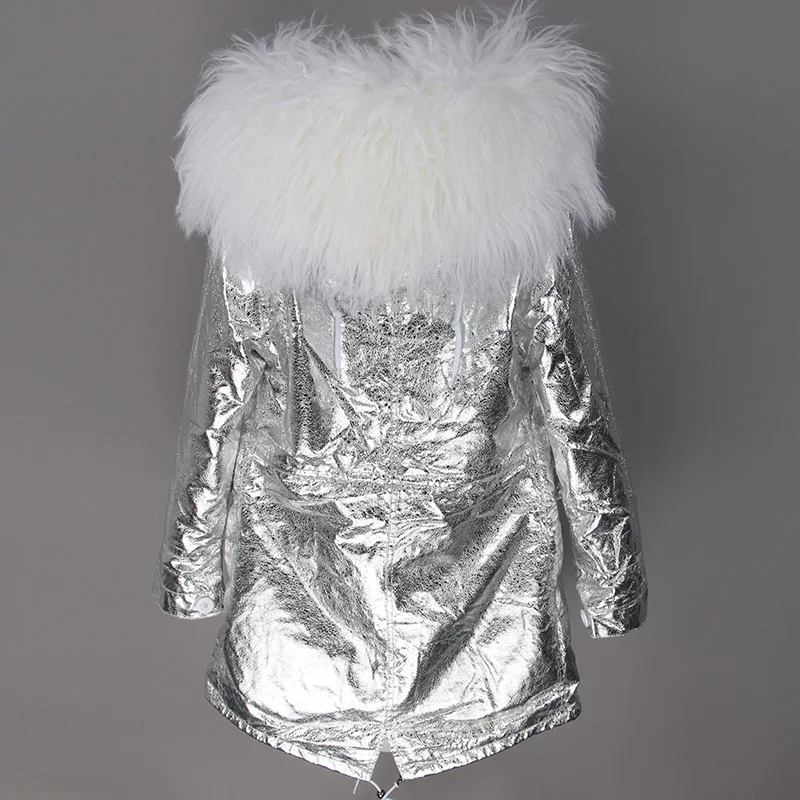 silver white Новое поступление, длинное меховое пальто, модная Женская Роскошная парка из овечьей шерсти, пальто с капюшоном, зимняя куртка - Цвет: silver white