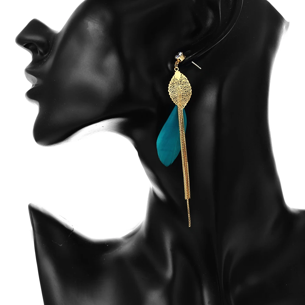 Женские длинные цепи серьги подвески для офиса с натуральным пером и золотыми