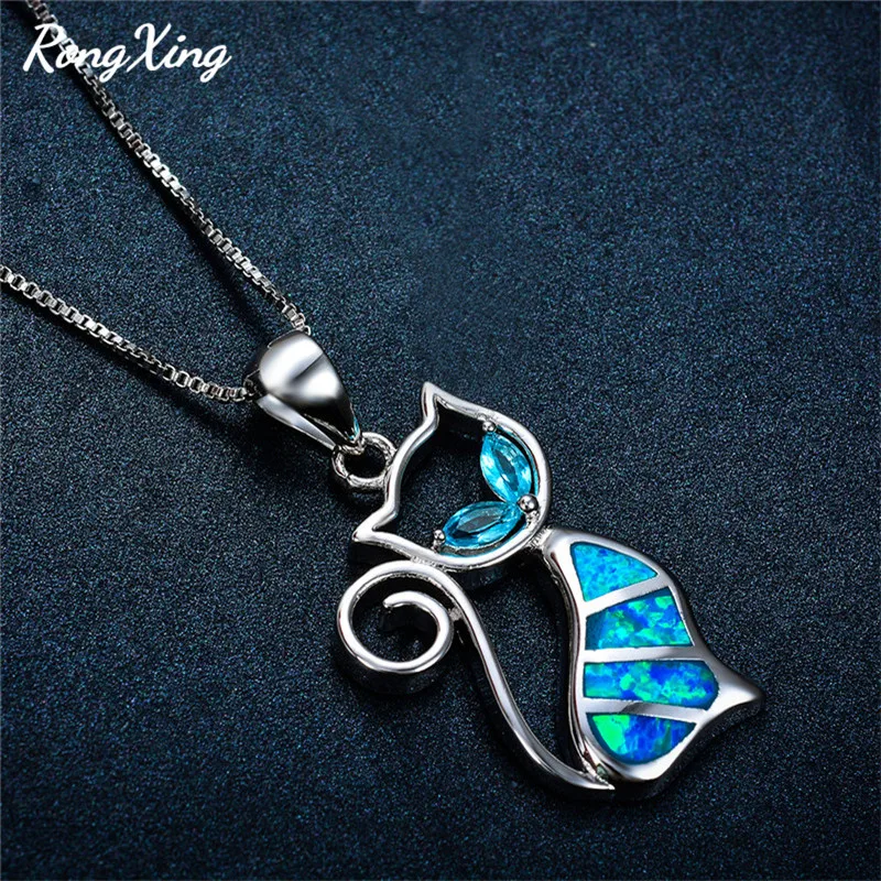 RongXing розовое золото заполненный милый Кот Подвески синий Огненный Опал Kitty