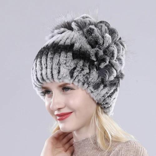 grey and black 1 Брендовые женские шапки из меха кролика Рекс, зимние шапки из меха кролика Рекс, вязаные шапки в полоску с цветком из лисьего меха - Цвет: grey and black 1