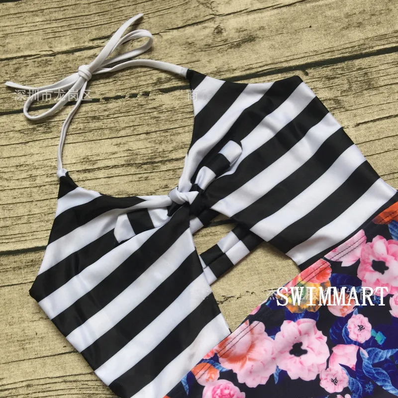Цельный купальник 2020 женский пляжный с цветочным принтом и полосками зебры топы