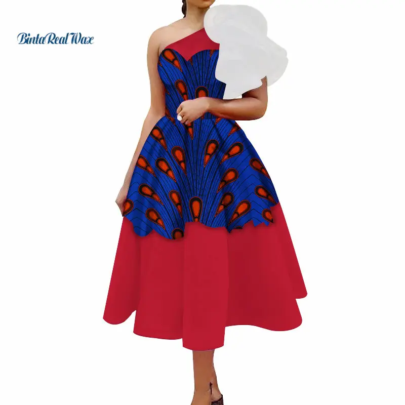 

New African Print Dresses for Women Cascading Ruffle One-Shoulder A-Line Yarn Dress Vestidos Bazin Riche African Clothing WY3353