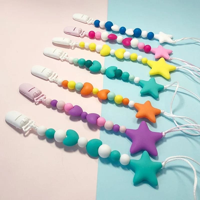 Пищевая силиконовая клипсы для соски цепь Красочные Звезды бусины в форме сердца