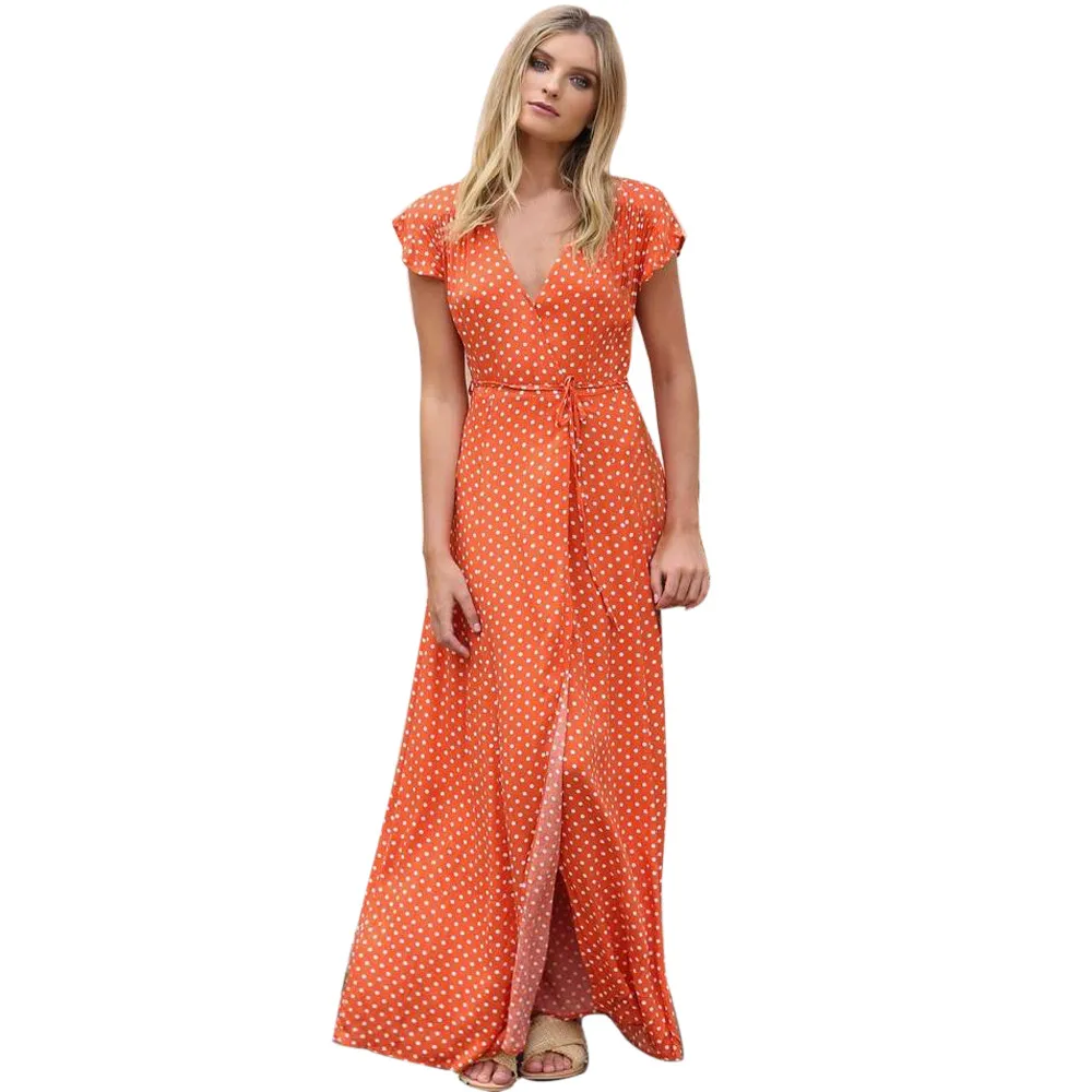 Vestidos verano 2018 Для женщин летнее платье дамы горошек Boho короткий рукав v-образным