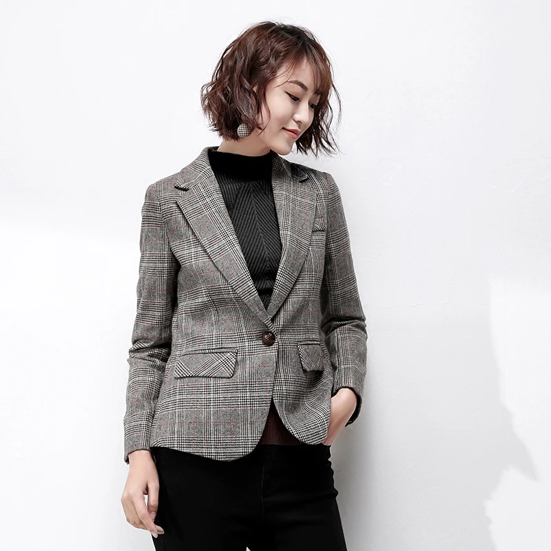

Женский облегающий костюм для отдыха, Осень-зима 2020, тонкое короткое пальто на одной пуговице, клетчатый шерстяной костюм в Корейском стиле
