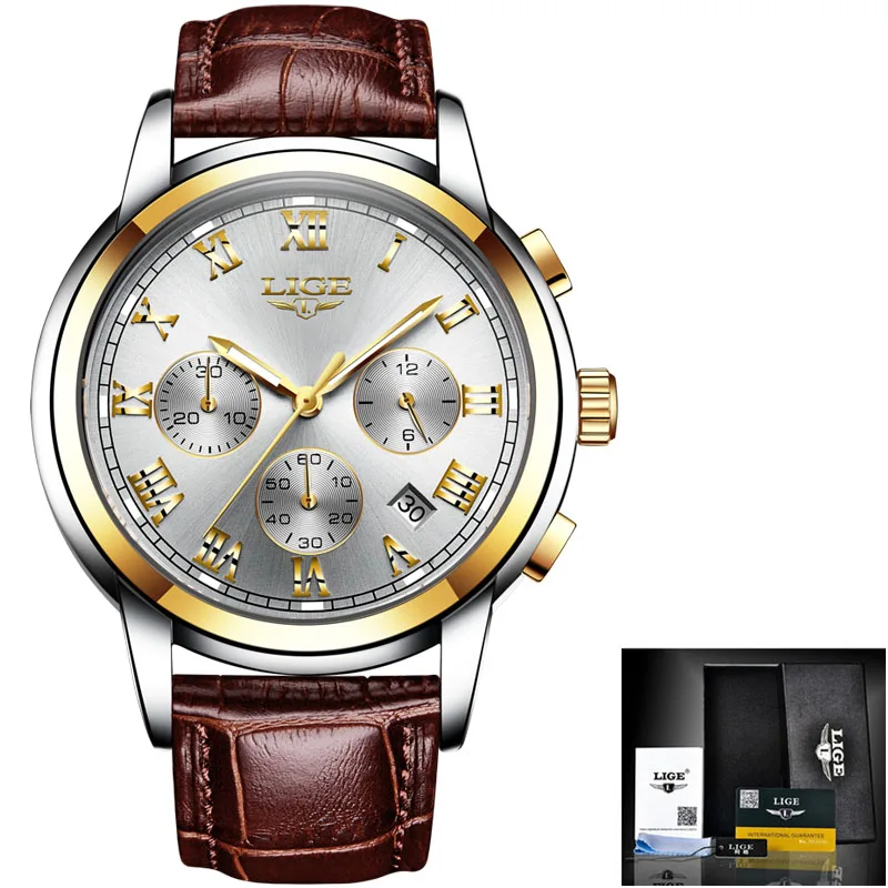 Gold white L Новые часы мужские роскошные брендовые LIGE с хронографом мужские спортивные часы водонепроницаемые полностью Стальные кварцевые мужские часы Relogio Masculino - Цвет: Gold white L