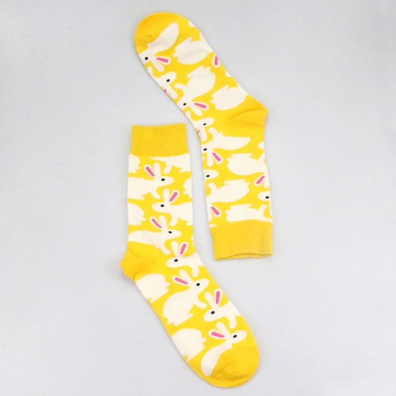 Yellow rabbit socks Женские персональные парные носки, забавные счастливые носки, хлопковые мужские носки, женские носки с яйцом, Кроликом, пером, листьями овцы - Цвет: Yellow rabbit socks