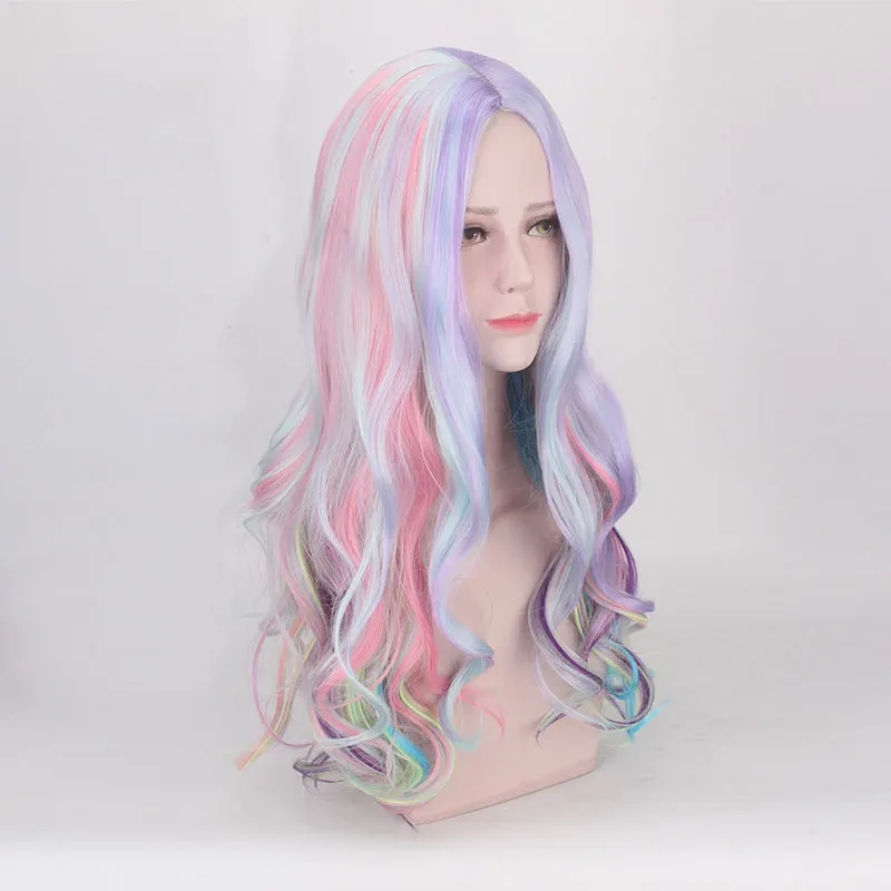 Высокое качество 70 см длинные волнистые Цветные парик цвета радуги Косплей