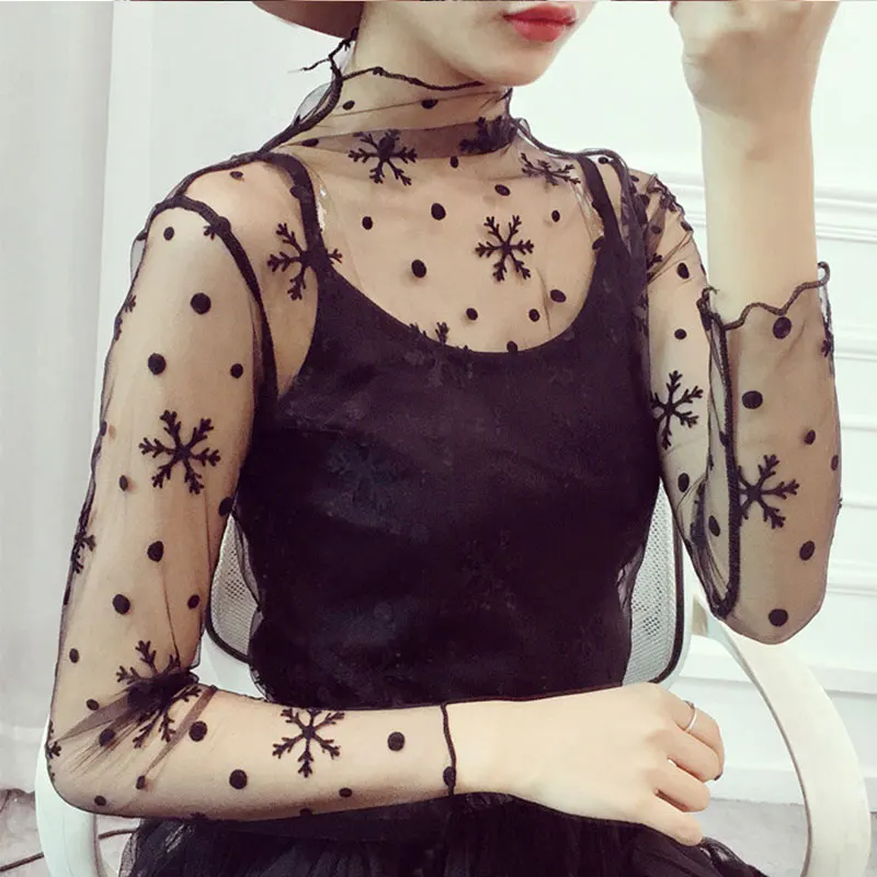 Пикантные сетчатые Топы harajuku Прозрачная Футболка открытая Прозрачная майка с длинным рукавом в горошек сетчатые Топы Клубная звезда с сердцем - Цвет: snowflake