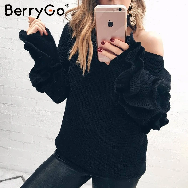 Женский вязаный пуловер с оборками BerryGo Свободный на одно плечо круглым вырезом