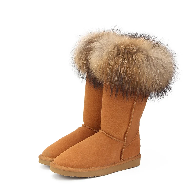 Chestnut MBR FORCE/женские зимние сапоги с натуральным лисьим мехом; теплые высокие сапоги из натуральной коровьей кожи; высокие зимние сапоги; женская обувь - Цвет: Chestnut