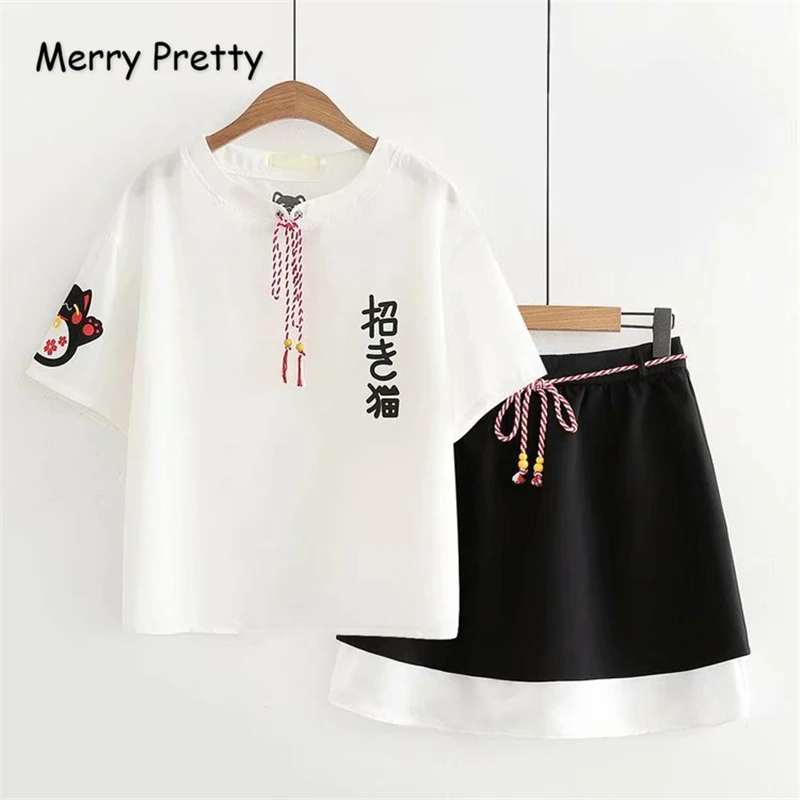 MERRY PRETTY женские наборы мультфильм вышивка короткий рукав хлопок футболка и мини юбка комплект из двух частей эластичный пояс на шнуровке юбка