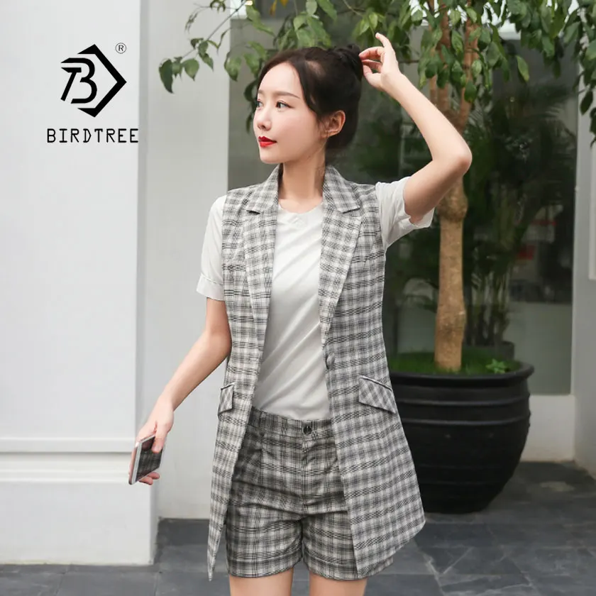 Женский клетчатый комплект из 2 предметов жилет костюм с пиджаком и шортами на