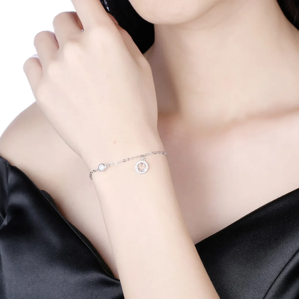 S925 Sterling Silver DIY Smile face Pandent Geometric Round Inlaid Meteorite Chain Charm Bracelet Gift For Women Couple | Украшения и