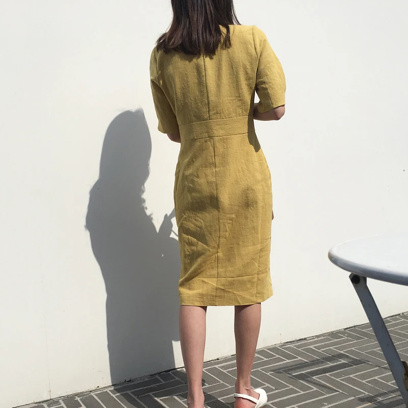 Yanueun Normcore 2019 летнее однотонное платье с v образным вырезом и коротким рукавом