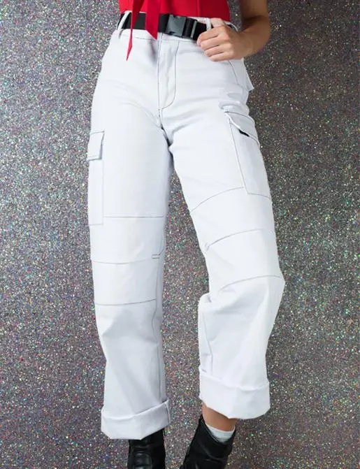 SS2018 женские белые сшитые черные пояса с высокой талией прямые брюки боковыми