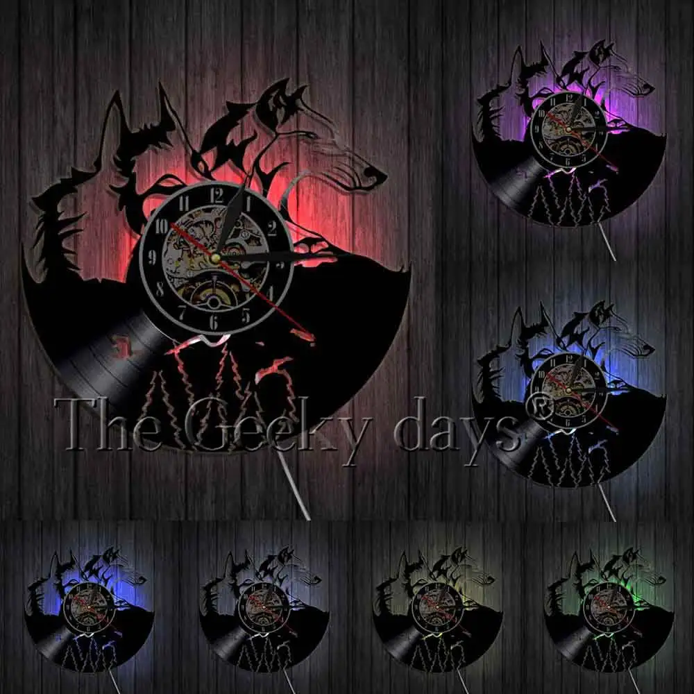 With LED Wolf Wall Art Виниловые часы для записей Волчья портретная голова Волка лазерный Резной декор настенные часы животные волчьи клыки часы с большим ртом - Цвет: With LED