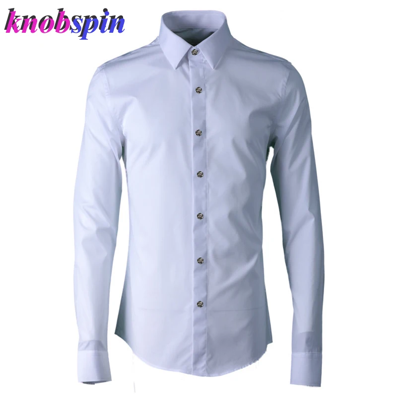 Brand men Shirt Alloy Rose Button Decoration Full sleeve Solid Slim Casual Shirts Anti-Wrinkle Pure Cotton clothing male