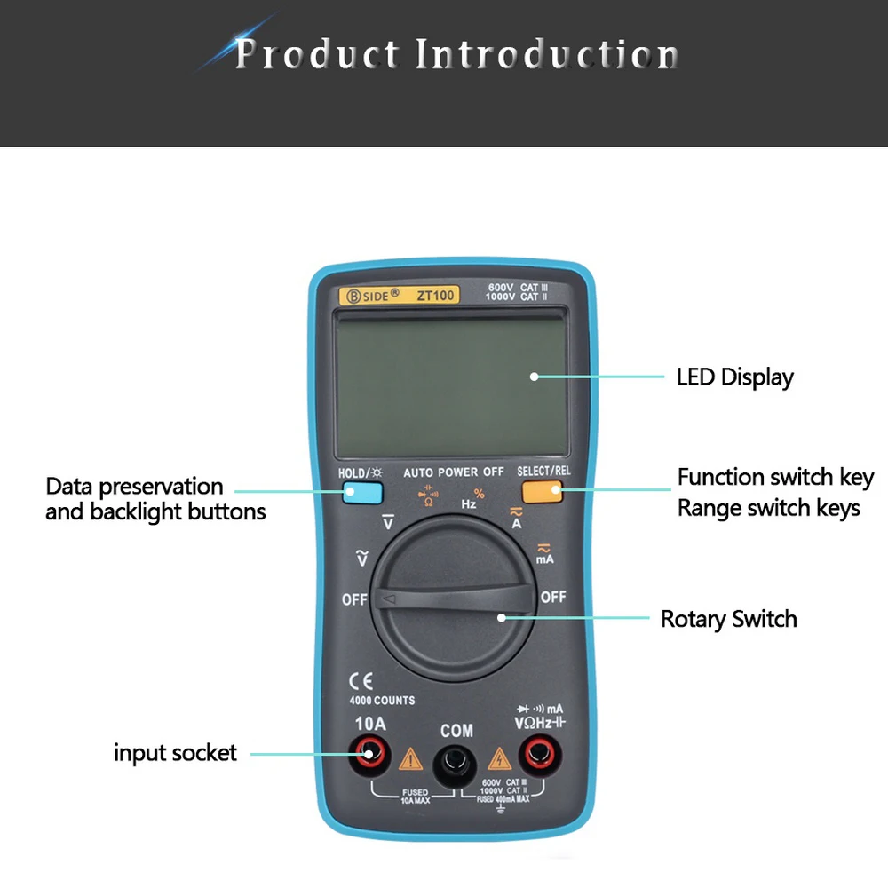 Цифровой мультиметр BSIDE ZT100 вольтметр с автоматическим выбором диапазона