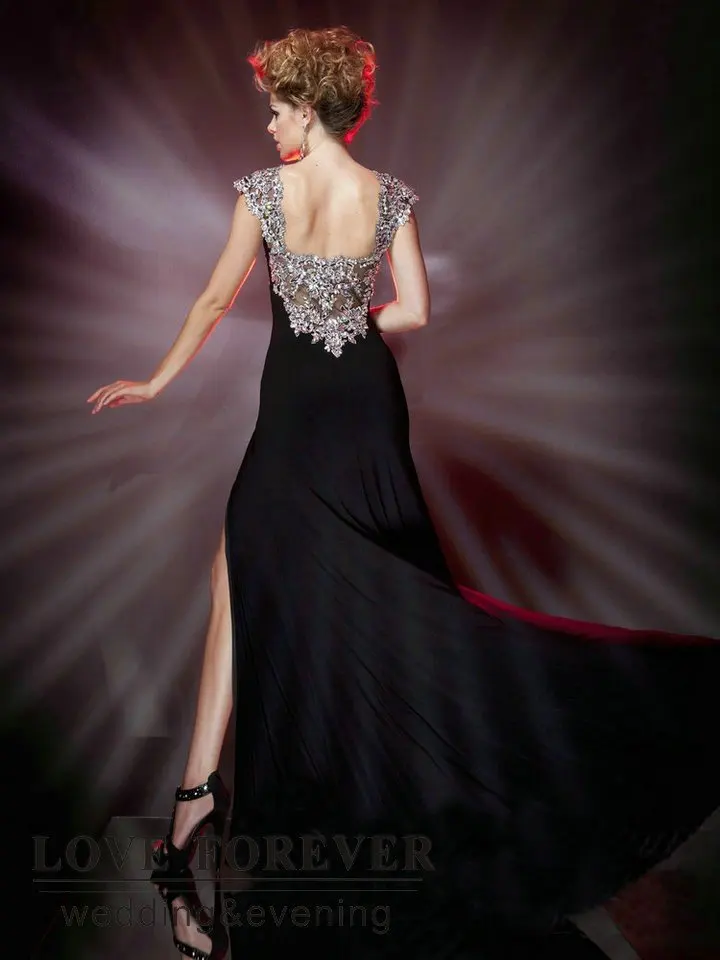 See Through Back Cap Sleeve Sexy Black Red Chiffon Formal Evening Dress 2014 Free shipping|cap tommy|dress shirt sleeve bandsdress weight |