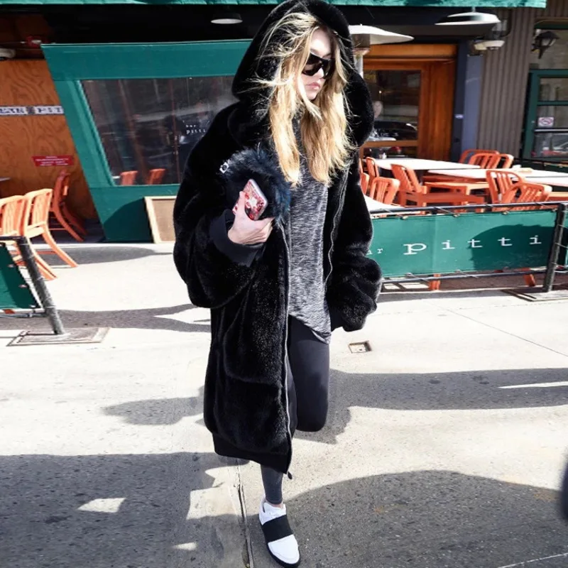 

Winter Hoody Women Warm Faux Fur Zipper Hooded Winter Puff Sleeve Long Warm Fur Coat with Pockets