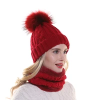 winter fleece inside warm scarf hat for women real fur pompom beanie twist knitted hat and scarf set