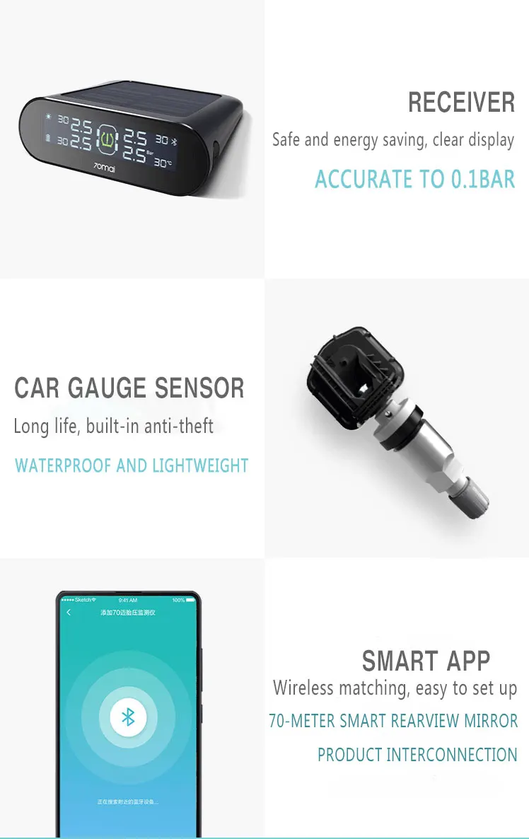 Xiaomi 70mai tpms датчик давления в шинах Солнечная энергия Двойной USB Зарядка Авто безопасность давление в шинах манометр, Встроенная система датчиков контроль давления в шинах