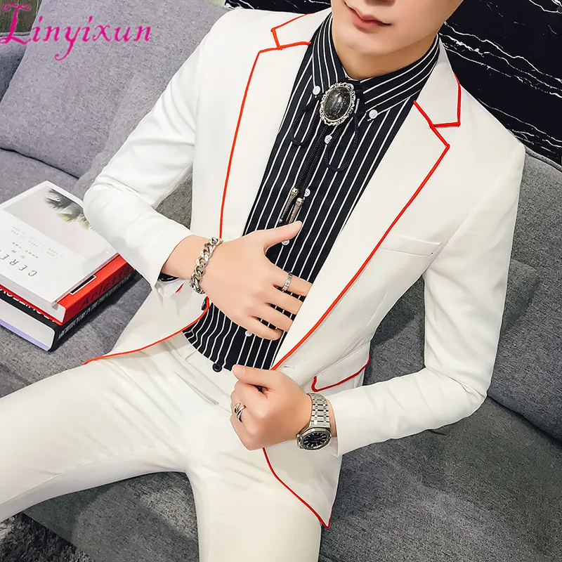 Linyixun 2 шт. индивидуальные модные тонкие для мужчин белый костюм контраст красный