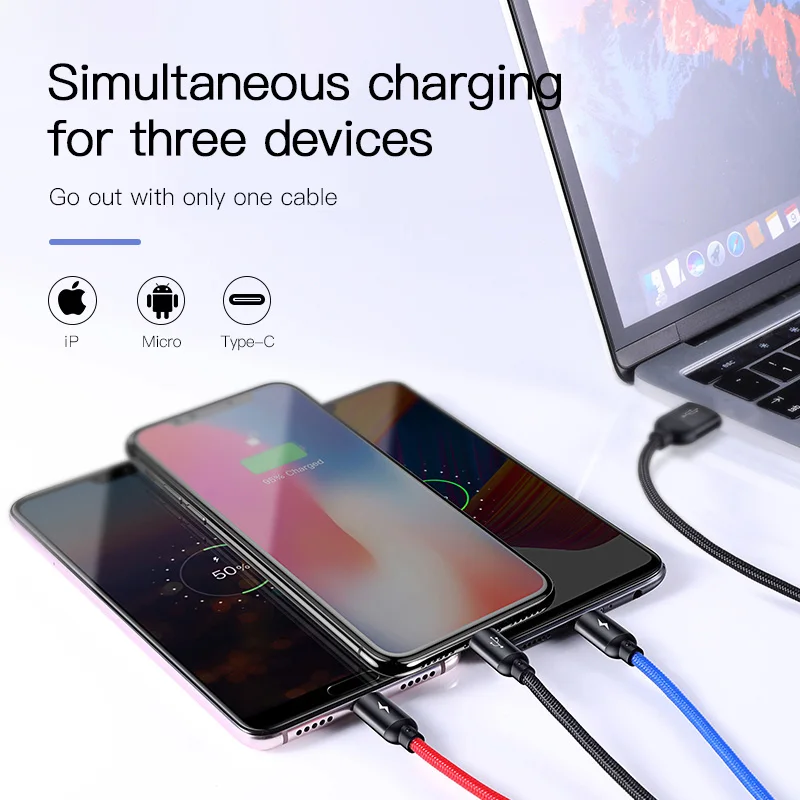Baseus 3 в 1 USB кабель для iPhone samsung Xiaomi мульти Быстрая зарядка зарядное устройство usb type C type-c Micro USB кабель для мобильного телефона