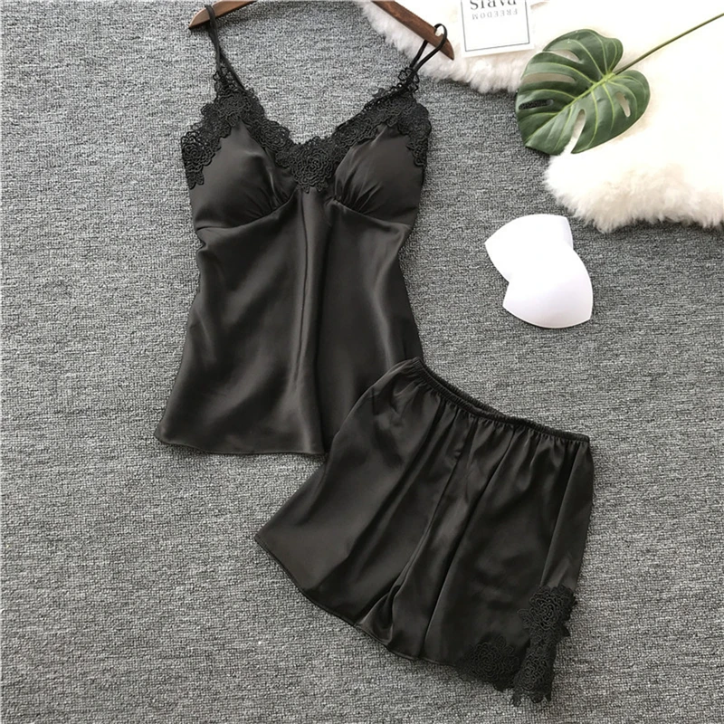 Пижама женская шелковая без рукавов с глубоким треугольным вырезом| |