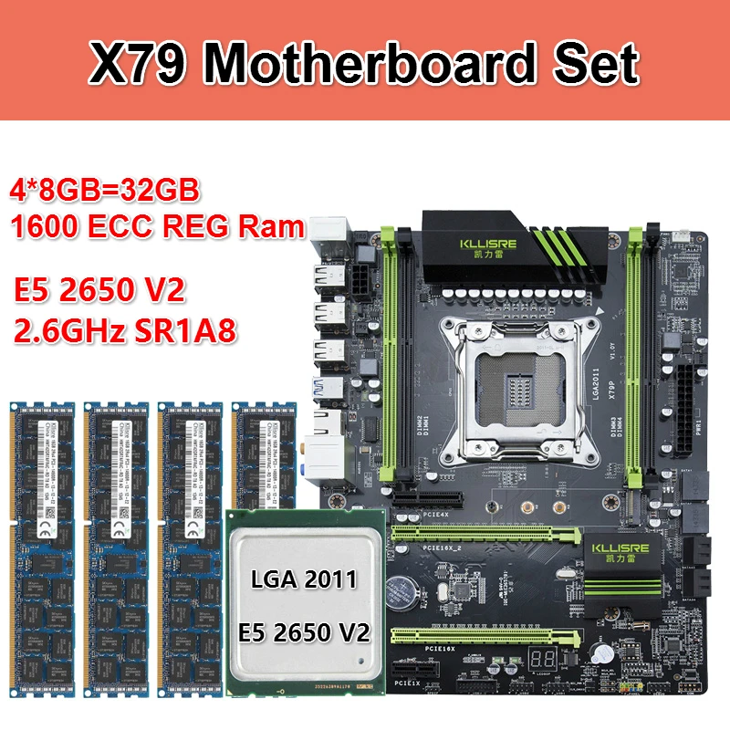 Комплект материнской платы Kllisre X79 с Xeon E5 2650 V2 4x8 ГБ = 32 Гб 1600 МГц DDR3 память ECC Reg ATX USB3.0 SATA3 PCI-E NVME M.2 SSD