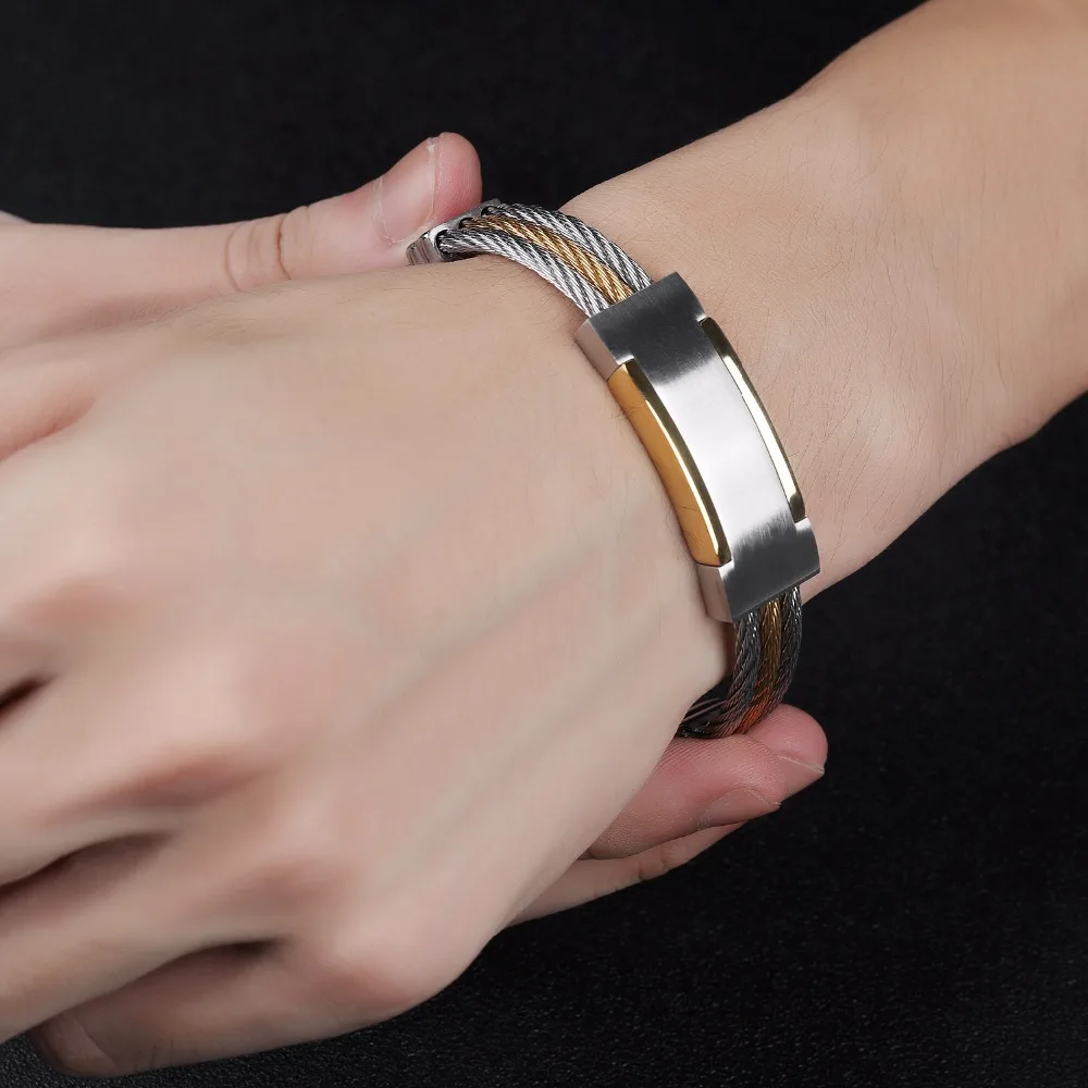 Fashion street three rows of steel wire gold men bracelet high quality titanium steel. | Украшения и аксессуары