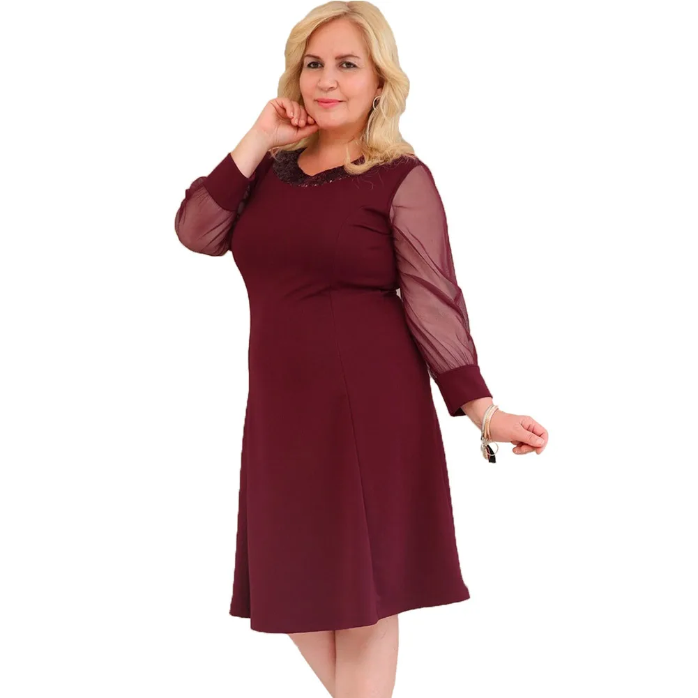 Women Dresses O neck Sequins 2018 Autumn Winter Plus Size Mesh Stitching Casual Dress Female Long Sleeve femme Clothing | Женская одежда