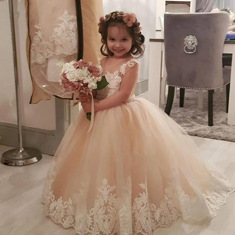

Flower Girls Dresses For Weddings Champagne Ball Gown Sheer Neck Tulle Tutu Infant Birthday Party Dresses 2020 Comunion