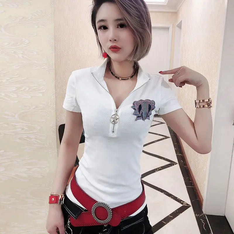 White tshirt Пуловер с квадратным воротником, летняя женская футболка, короткий рукав, пэчворк, вышивка, тонкий топ на молнии, рубашка, одежда, Camiseta Mujer T93728 - Цвет: White tshirt