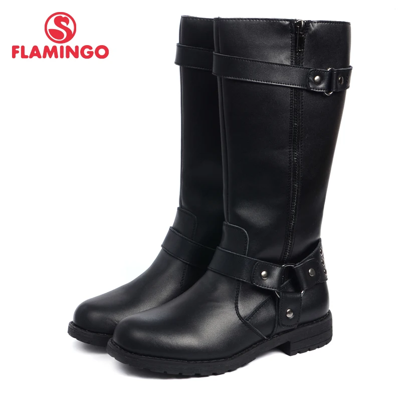 Фламинго Новая коллекция высокое качество осень/зима черный кожаный детская