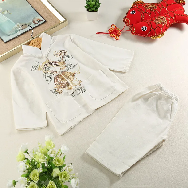 ActhInK Baby Boys Dragon Embroidery Cotton&ampLinen Han Chinese Clothing Brand Kids Retro Style Costume Set MC117 | Детская одежда и