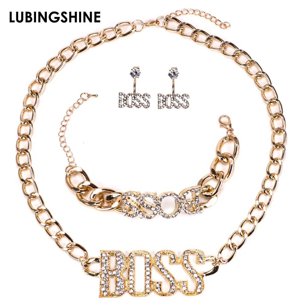 Punk Crystal Letter Boss Pendant Necklace Earrings Bracelet Gold Silver Color Long Cuban Chain Hip Hop Jewelry Set for Men Women
