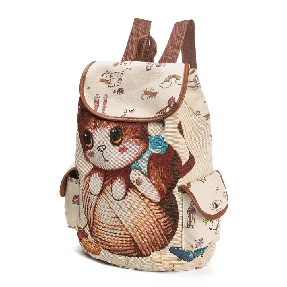 

Women Cute Cat Printing Canvas Drawstring Backpack Shopping Bag Travel School Bag For Teenage Girl Female Backpack Mochila Mujer