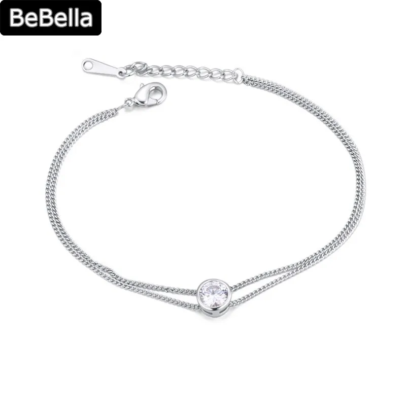 Женский двойной браслет цепочка BeBella с круглым кубическим цирконием ювелирное
