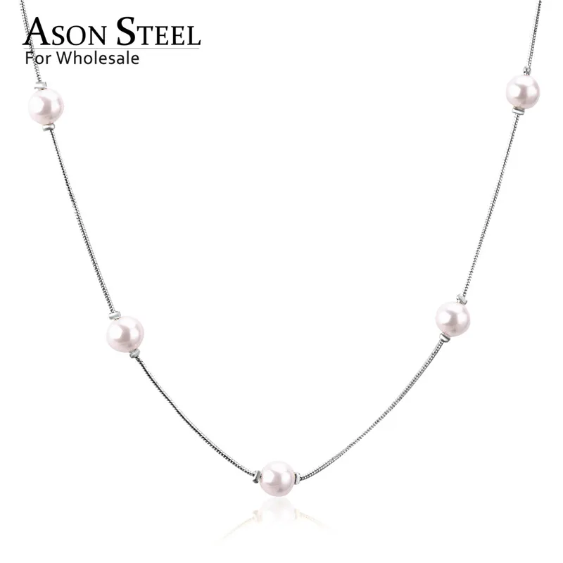 Silver ASONSTEEL Gold/Silver White Black Round Imitation Pearl Pendant Necklace Stainless Steel Snake Chain Jewelry Collars Gift Party - Окраска металла: Silver