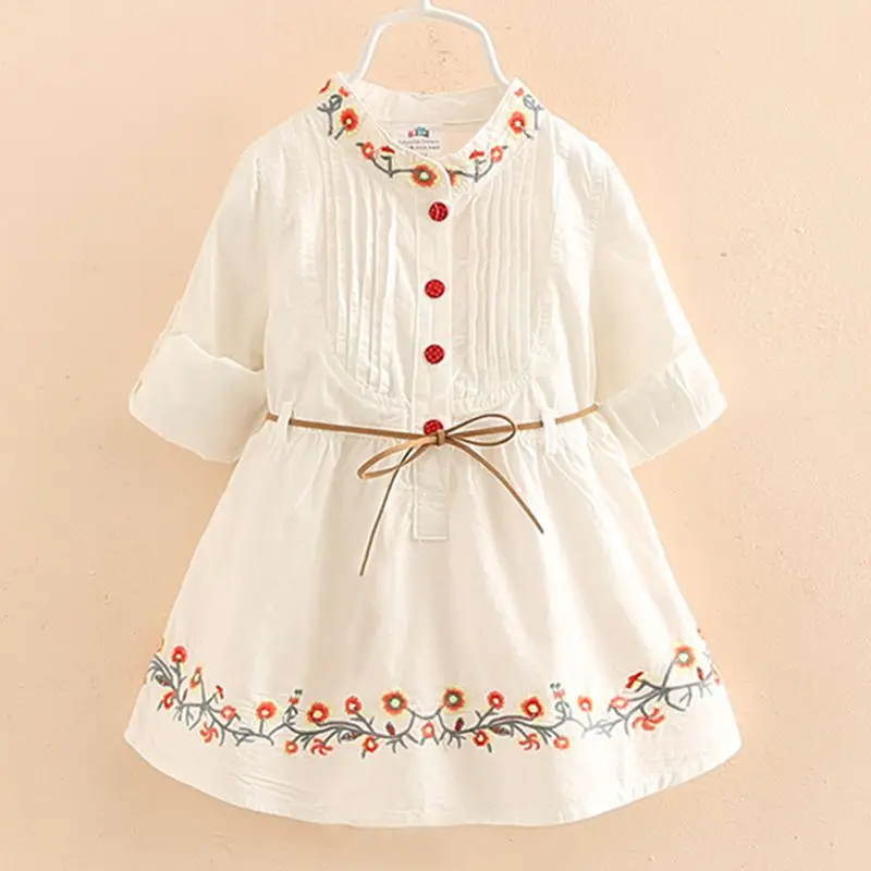 

2021 Spring Autumn 3-12 Ages Kids Embroidery Floral Long And Short Sleeve Double Use White Elegant Dress Princess Girl With Belt