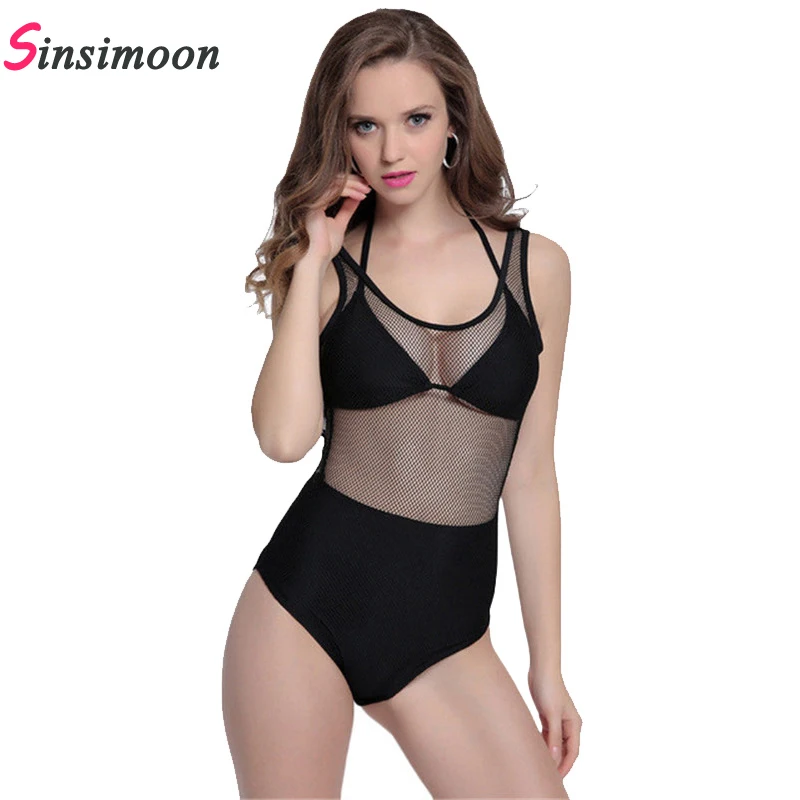 Сетчатые кружевные слитные купальники черный купальник с открытой спиной