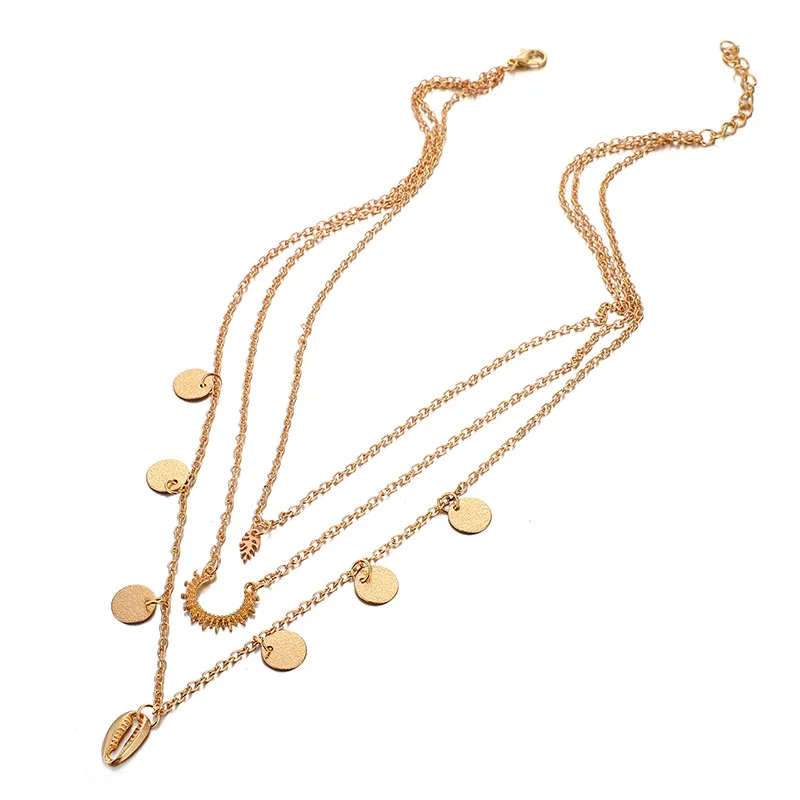 Ожерелье-чокер женское трехслойное с подвеской в виде листьев ракушек